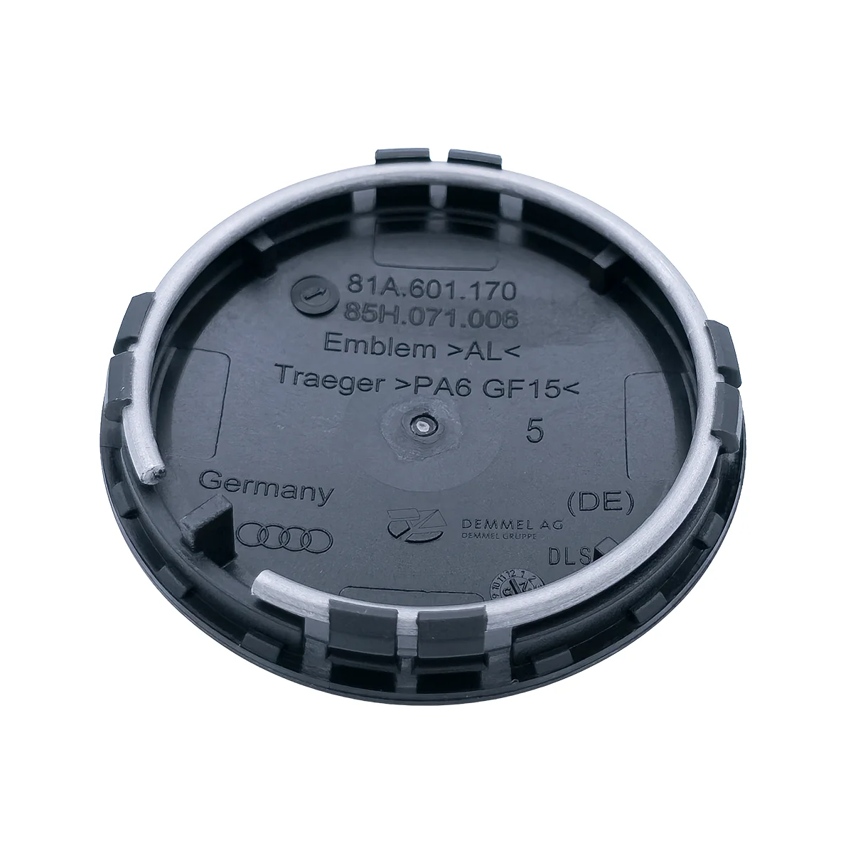 Audi Nabenkappen schwarz matt 4 Stück, mit glossy Audi Ringen, 85H071006A