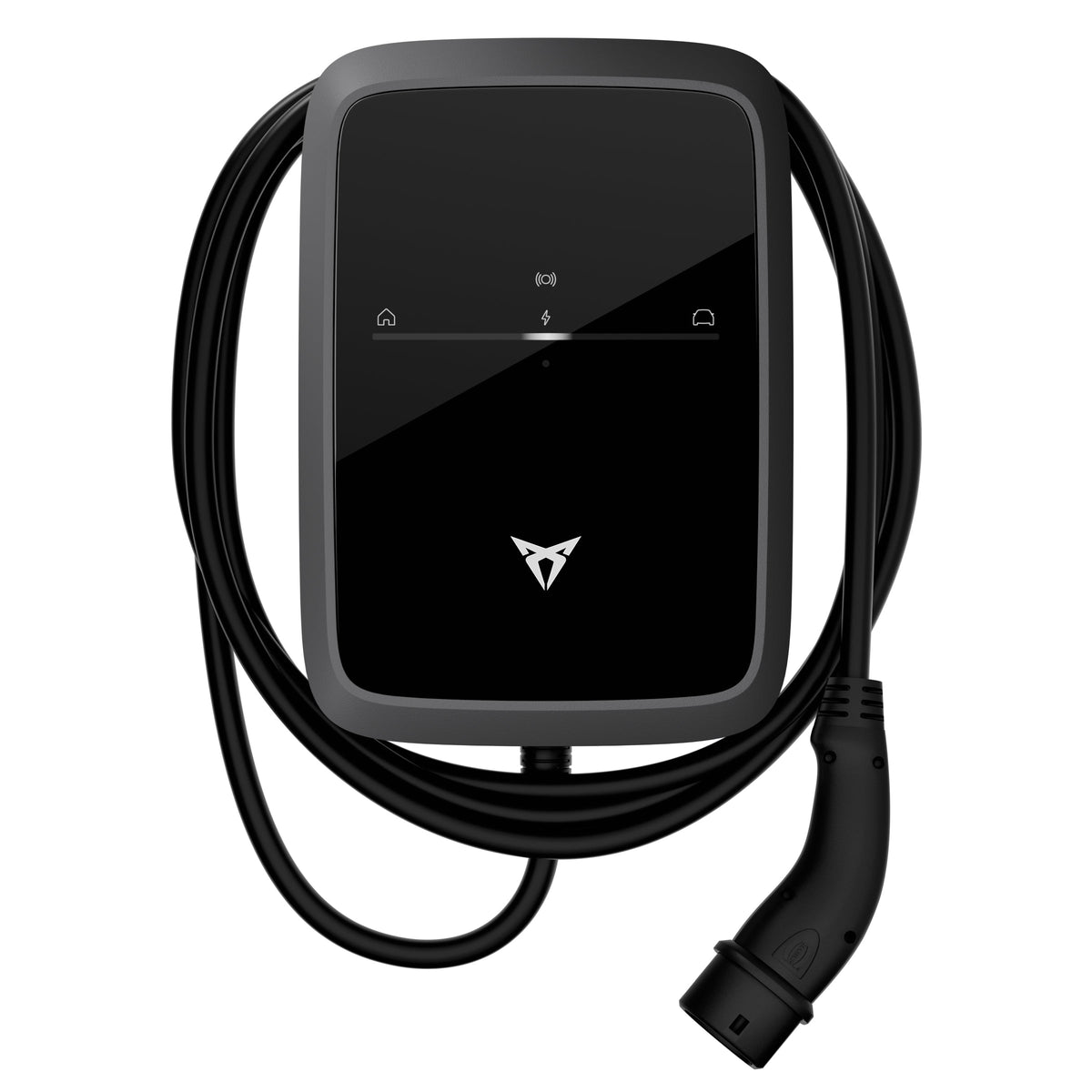 CUPRA Charger Pro 2 Wallbox in Schwarz mit aufgewickeltem 4,5 m Ladekabel und Typ-2-Stecker
