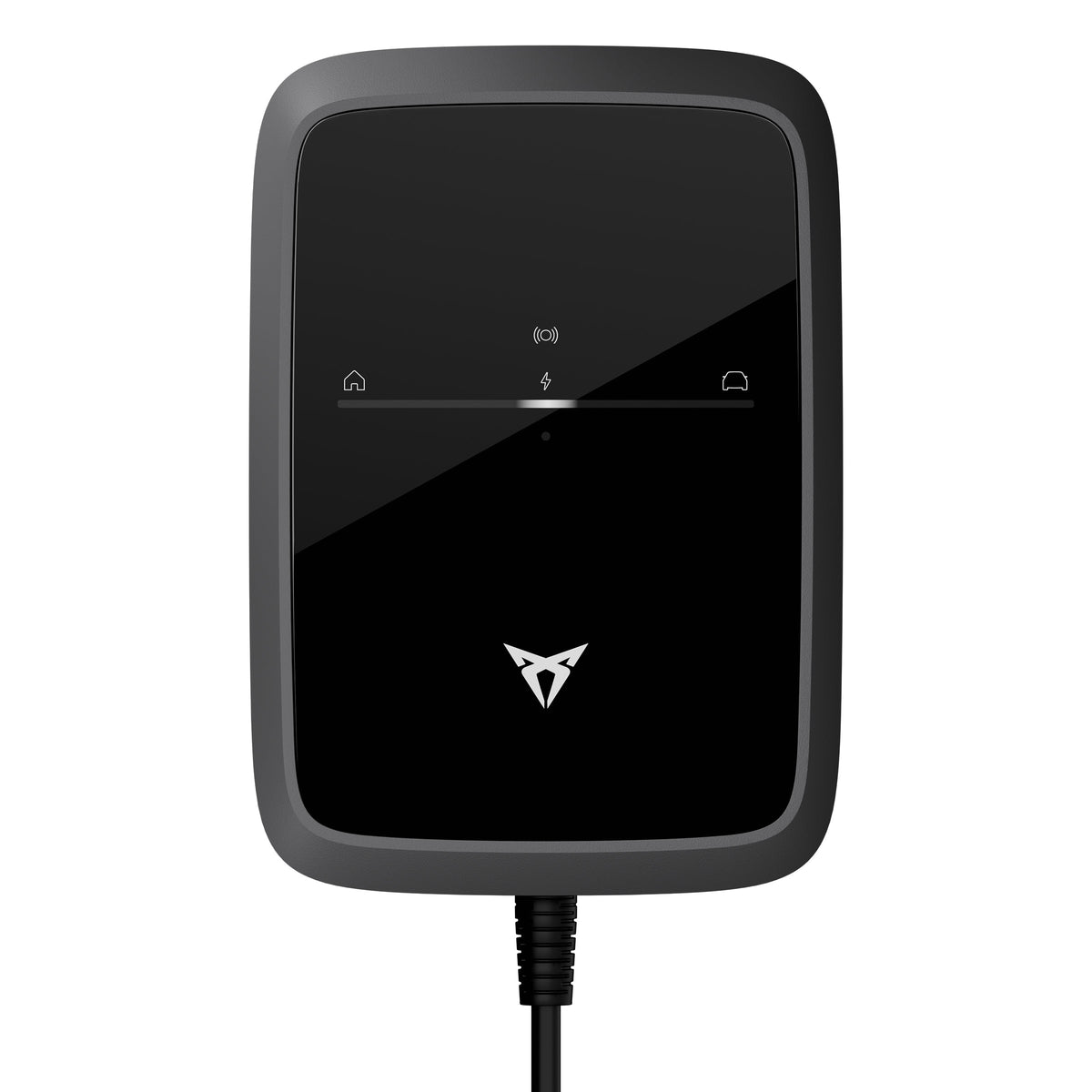 Frontansicht der CUPRA Charger Pro 2 Wallbox mit grüner Status-LED und Touch-Symbolen