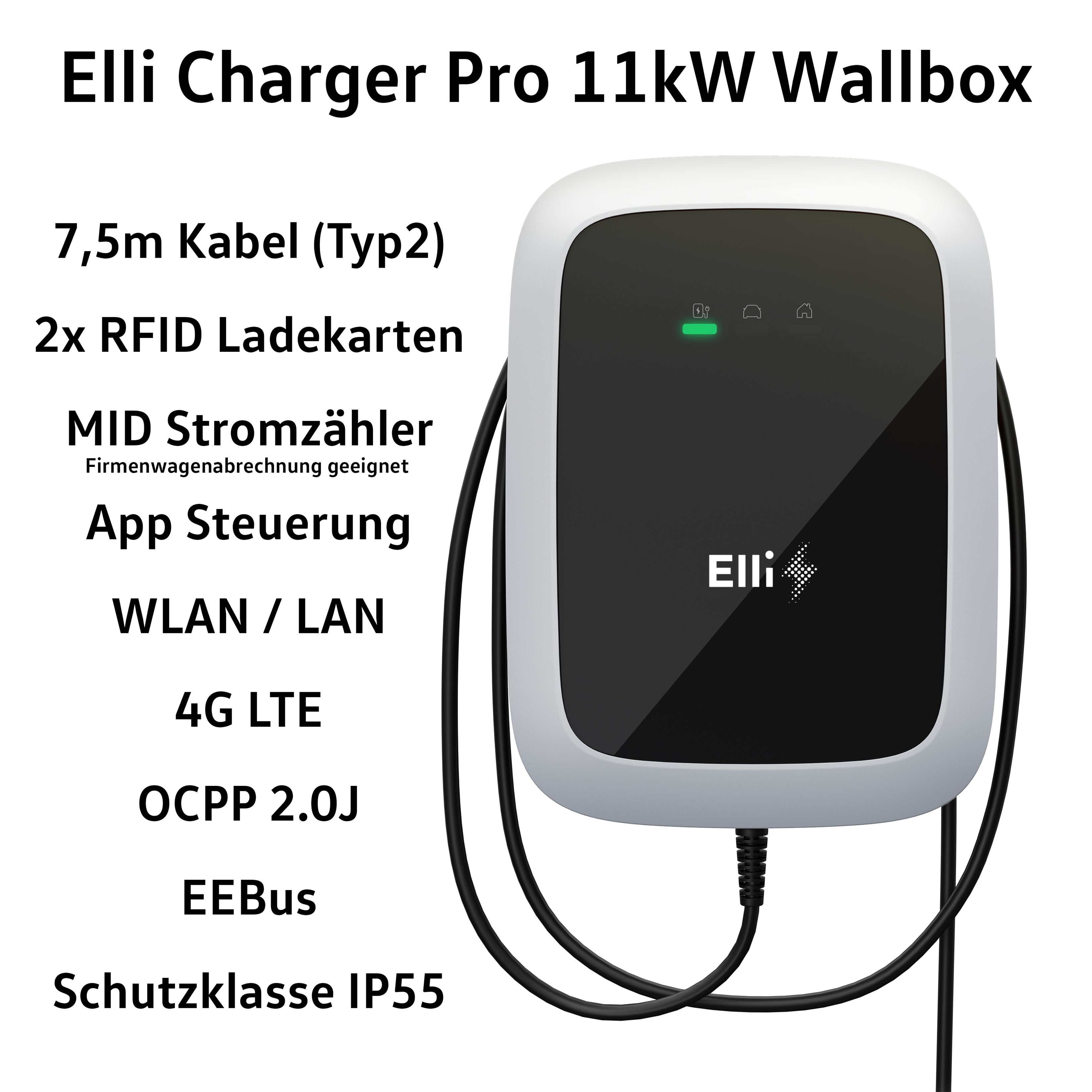 Elli Charger Pro 11 kW Wallbox mit Kabel 7,5m (Typ2), App, WLAN, LTE, EEBus, OCPP 2.0J & MID Stromzähler