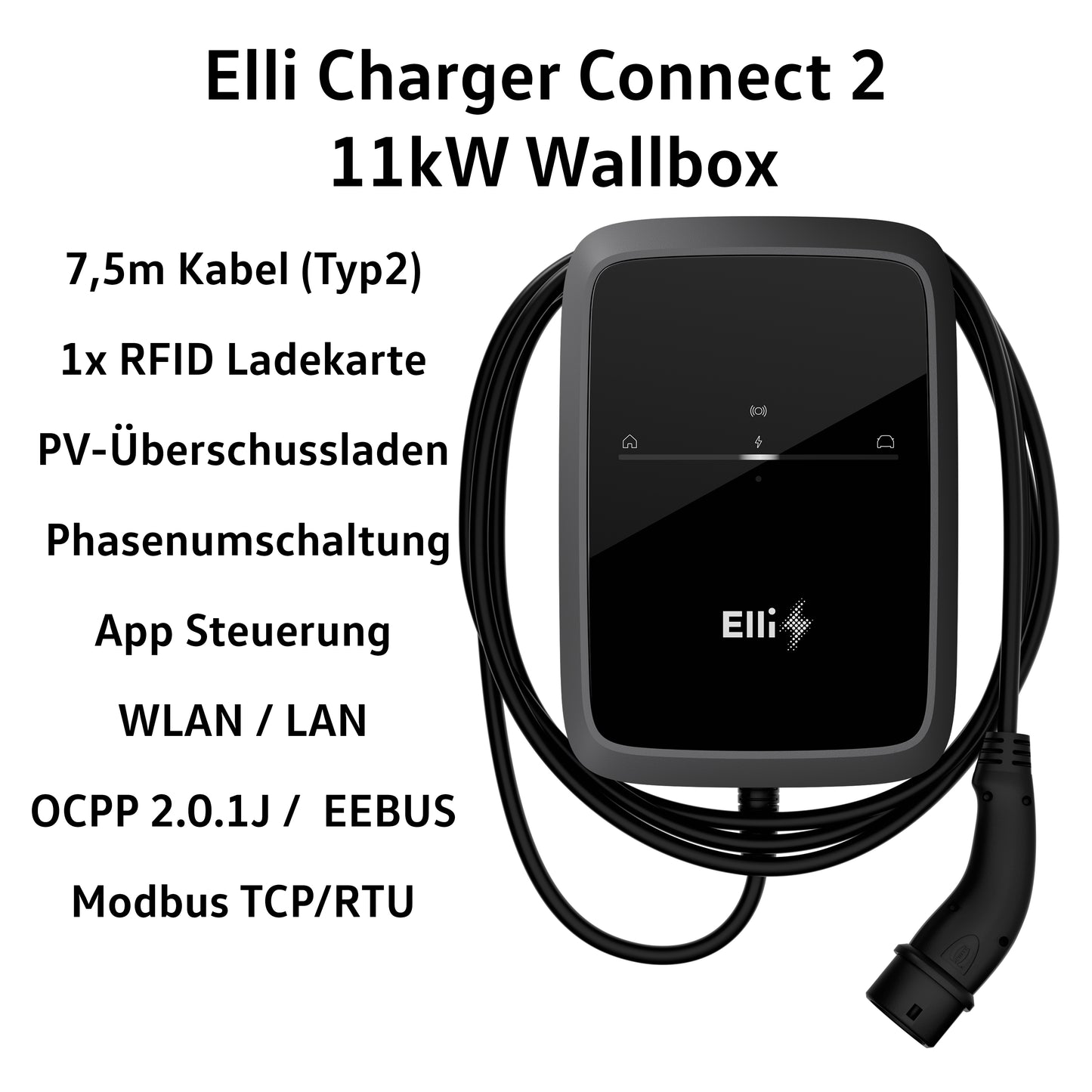Elli Charger Connect 2, 11 kW Wallbox with cable 7.5m (type2), app, WLAN, PV shop, phase switch