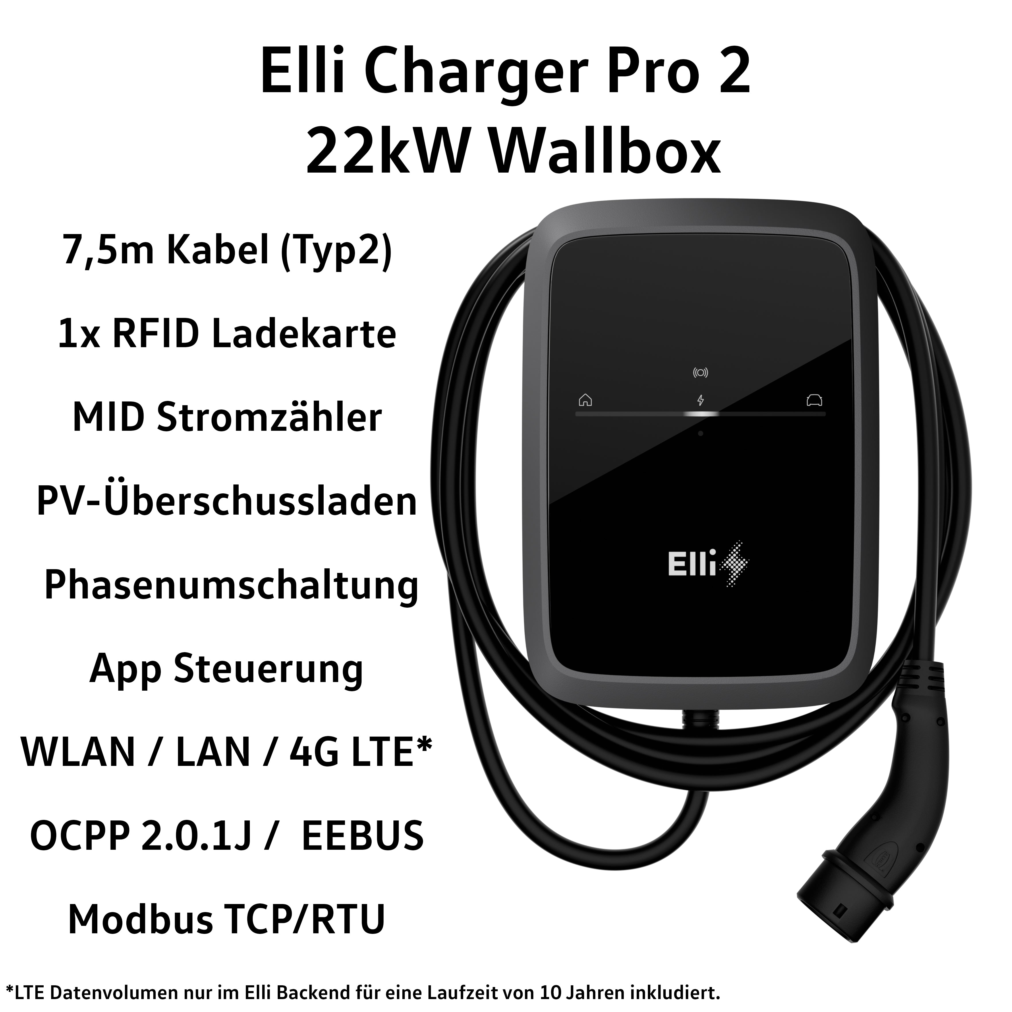 Elli Charger Pro 2, 22 kW Wallbox mit Kabel 7,5m (Typ2), App, WLAN, LTE, MID-Stromzähler, PV-Laden, Phasenumschaltung