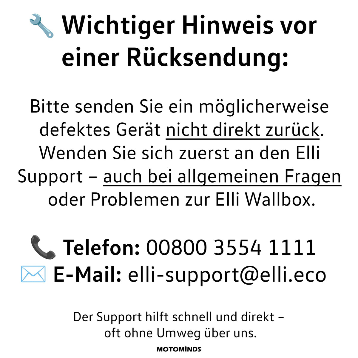 Hinweisgrafik mit Kontaktdaten des Elli Supports für Fragen zur Wallbox