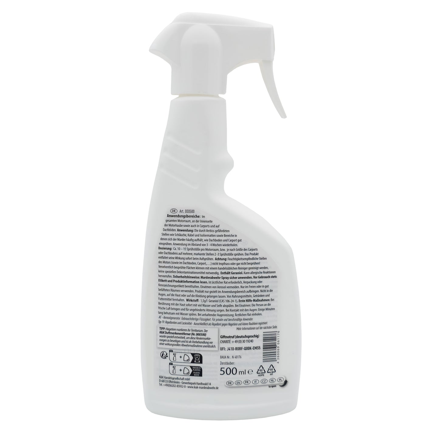 K&K Marderabwehr Spray, 500ml Sprühflasche für Motorraum, Carport, Dachboden