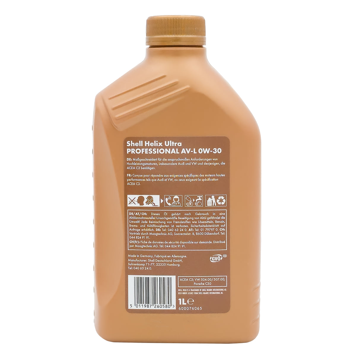 Rückseite der Shell Helix Ultra AV-L 0W-30 Flasche mit Freigabe VW 504 00/507 00 und Barcode