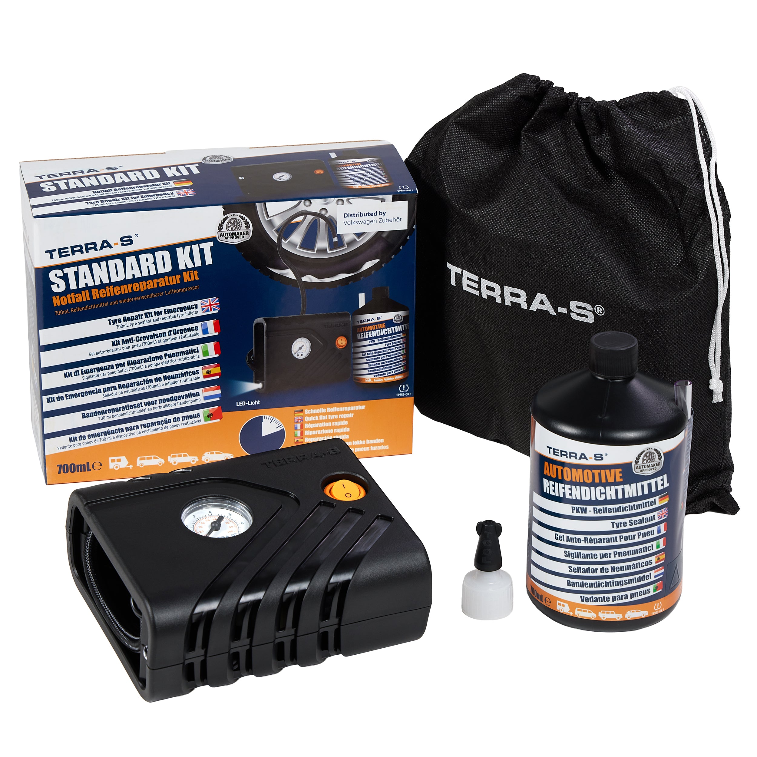 VW tire puncture set with compressor & 700 ml sealant, LED light, TPMS compatible, 5H0071211B