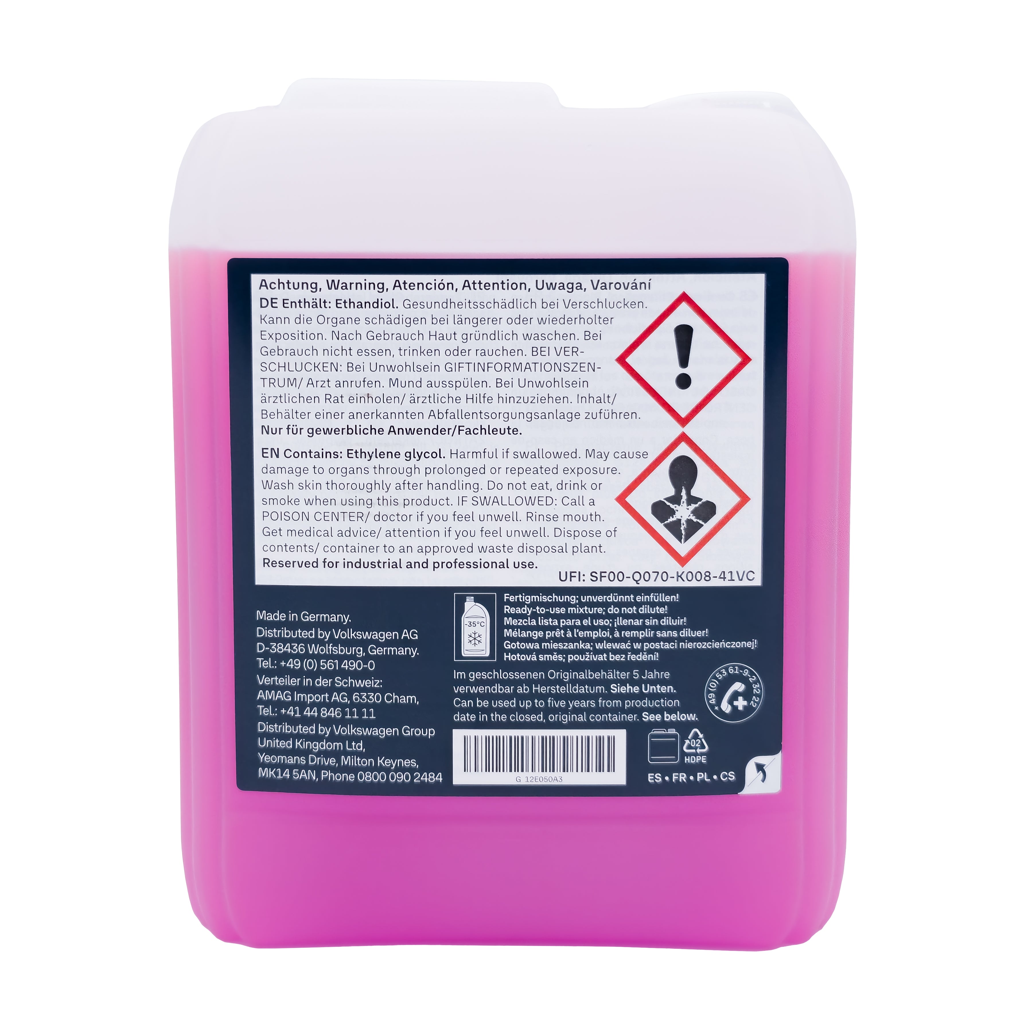 VW original coolant G12evo, antifreeze up to -35 °C, 5L canister ready mix, ready mix, G12E050A3