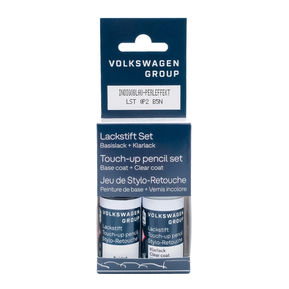 VW Original Lackstift-Set Indigoblau Perleffekt B5N, Verpackung Vorderseite, LST0P2B5N