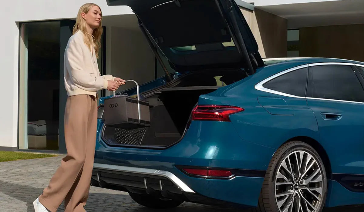 Schwarzer Audi Faltkorb mit stabilem Tragegriff und Audi Logo, freigestellte Produktansicht.