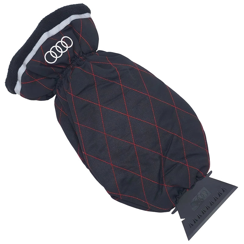 Audi Eiskratzer mit Handschuh, schwarz mit rotem Rautensteppmuster