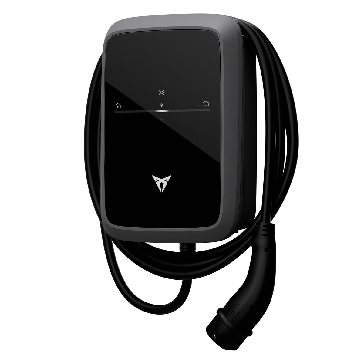 CUPRA Charger Pro 2 Wallbox in Schrägansicht mit Statusleiste und 4,5 m Typ-2-Ladekabel