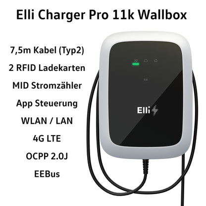 Elli Charger Pro 11 kW Wallbox mit Kabel 7,5m (Typ2), App, WLAN, LTE, EEBus, OCPP 2.0J & MID Stromzähler