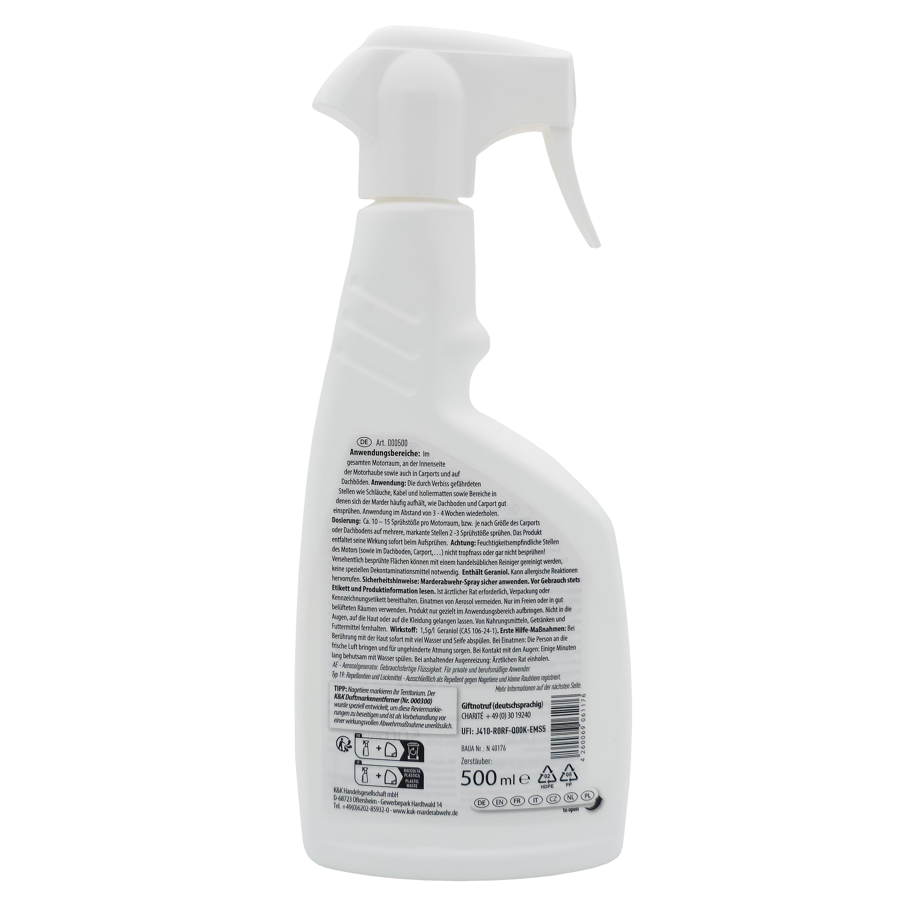 K&K Spray répulsif contre les martres, flacon pulvérisateur de 500 ml pour compartiment moteur, abri de voiture, grenier