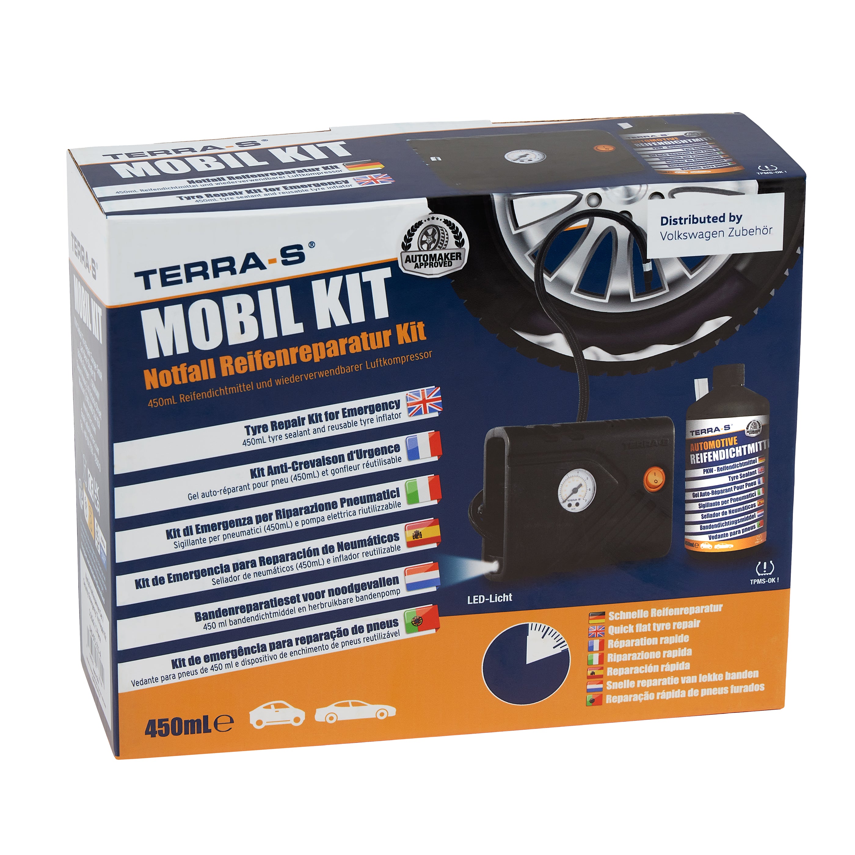 VW defektjavító készlet kompresszorral és 450 ml tömítőanyaggal, LED-es lámpával, TPMS-kompatibilis, 5H0071211A