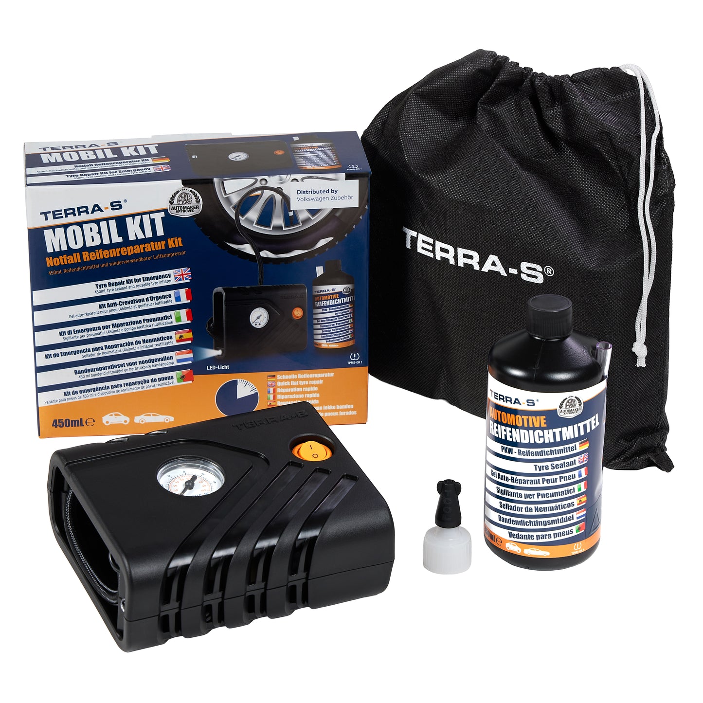 VW Reifenpannenset mit Kompressor & 450 ml Dichtmittel, LED-Licht, RDKS-kompatibel, 5H0071211A