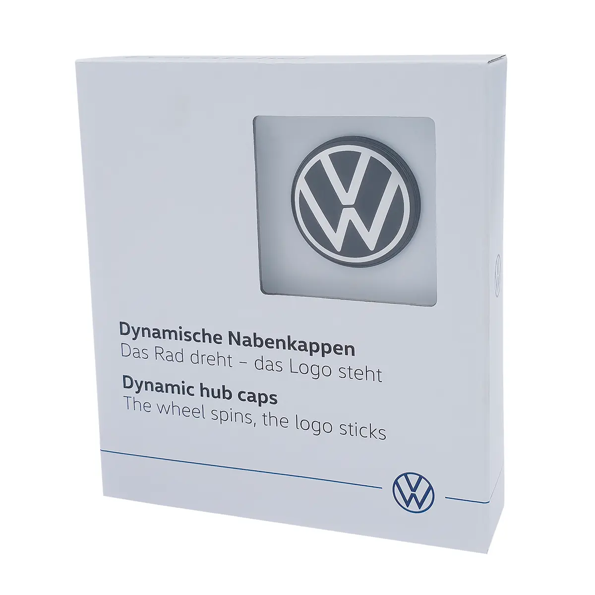 VW dynamische Nabenkappen in der weißen Verpackung mit Sichtfenster und VW Logo, 2G0071213
