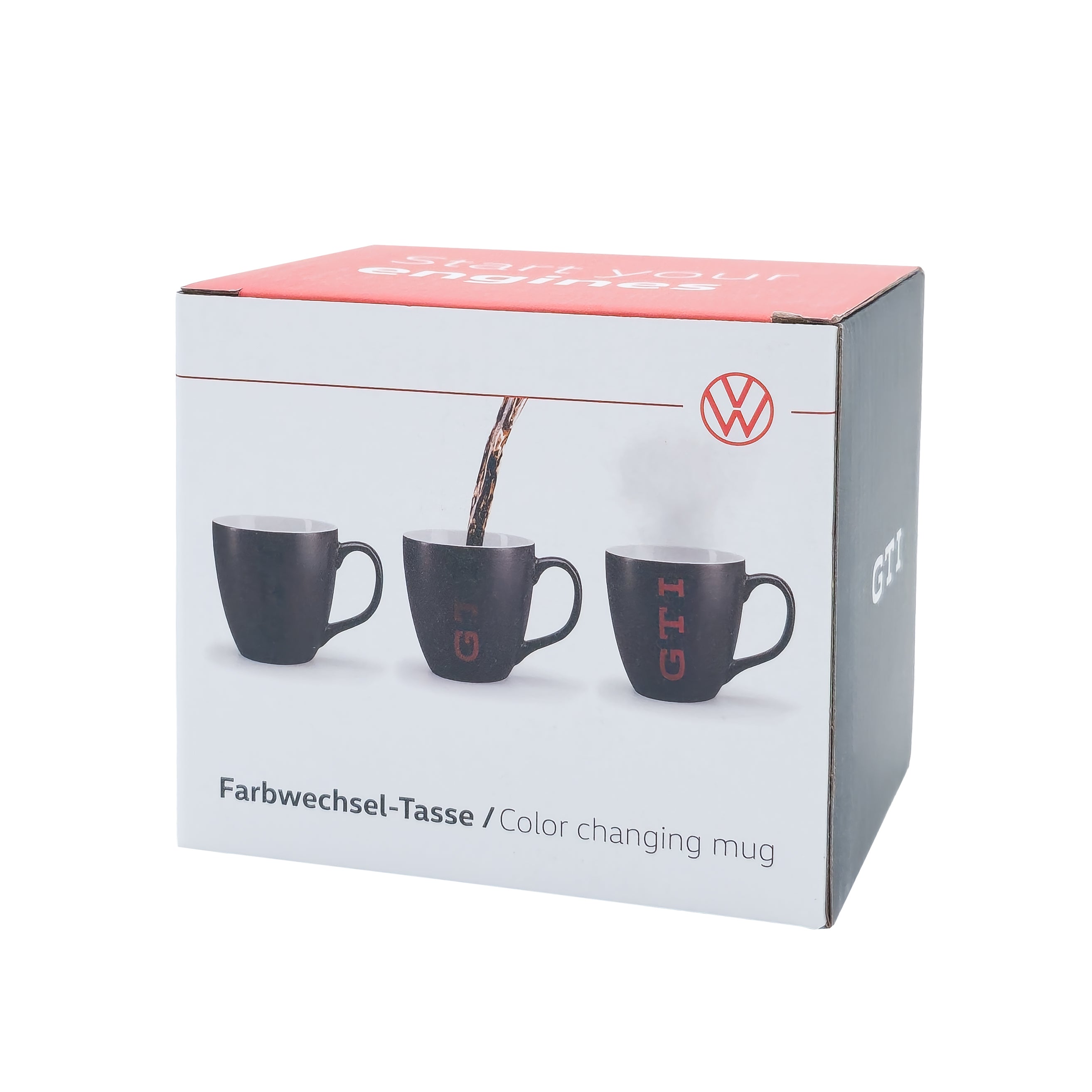 VW Becher GTI Kollektion, 400ml Farbwechsel-Tasse, schwarz mit rotem GTI Logo, 1K6069601