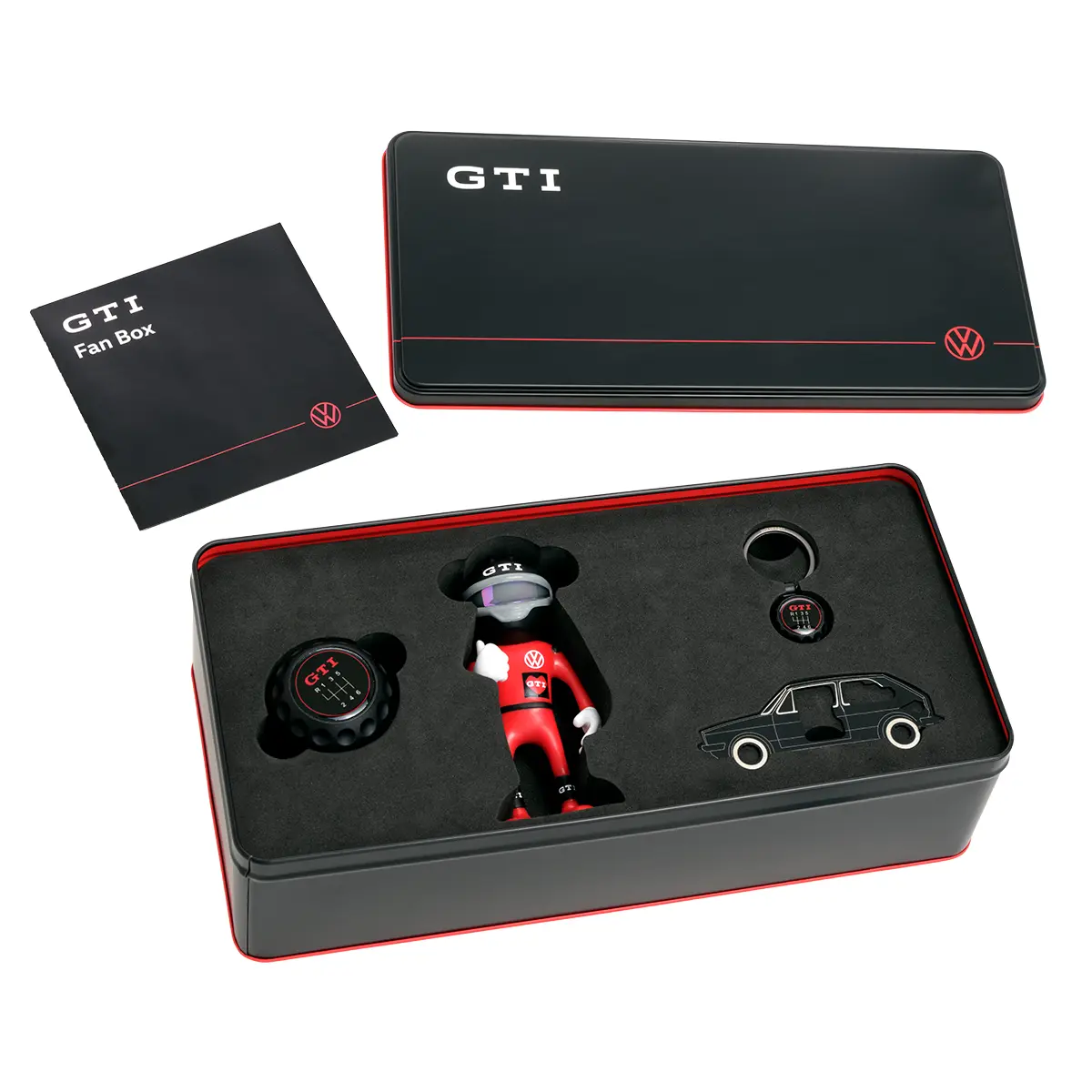 VW GTI Fan Box Blechdose mit Multitool im Golf-1-Design, Flaschenöffner, Schlüsselanhänger und Biegefigur Jacky, Teilenummer 000087700DJ