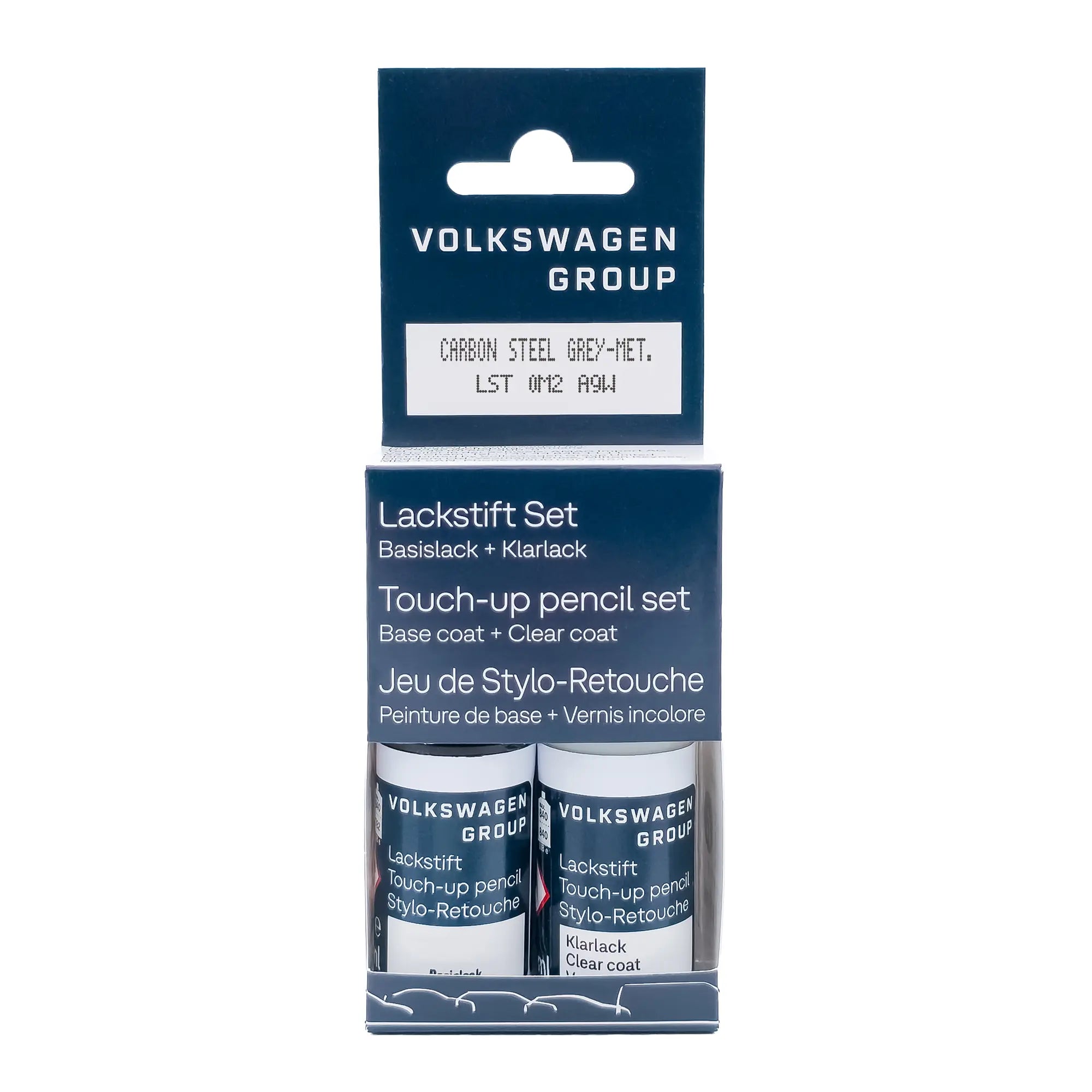 VW Original Lackstift-Set Carbon Steel Grey Metallic A9W, Verpackung Vorderseite, LST0M2A9W