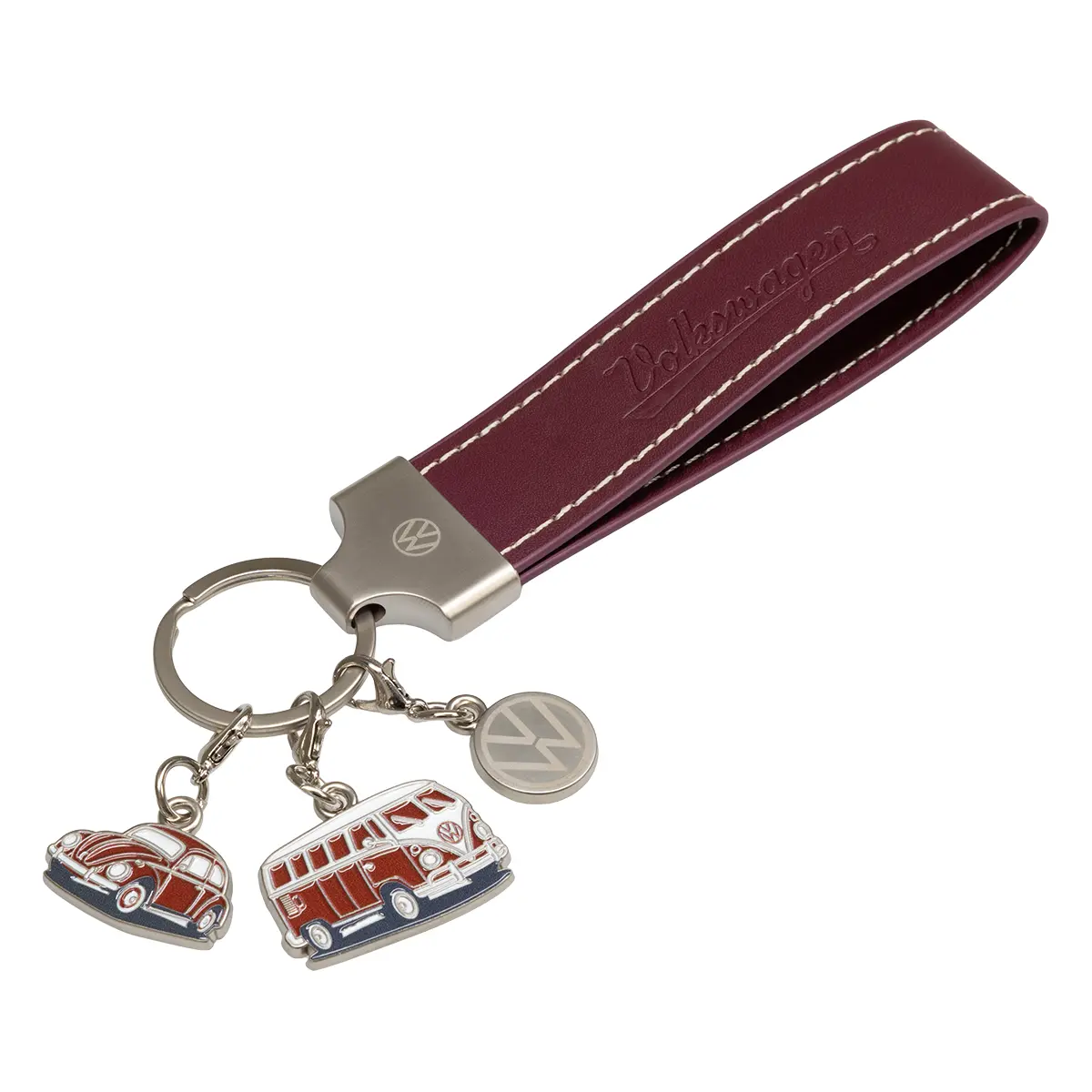VW Schlüsselanhänger Heritage mit Charms T1 Bulli, Käfer und VW Logo, dunkelrot, 7T1087013645