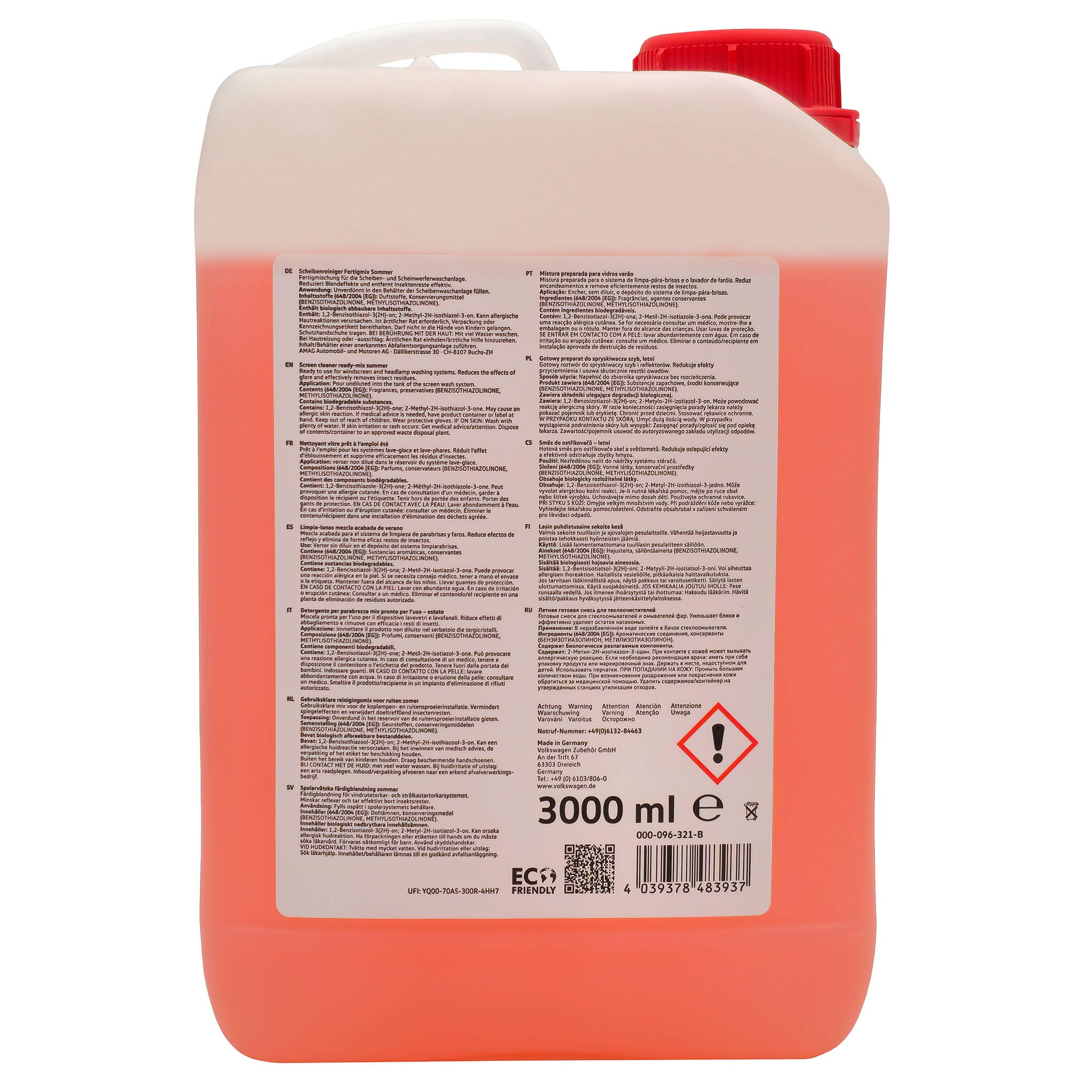 Detergente per parabrezza VW pronto per l'estate 000096321B, Rosso Mela, 3 litri